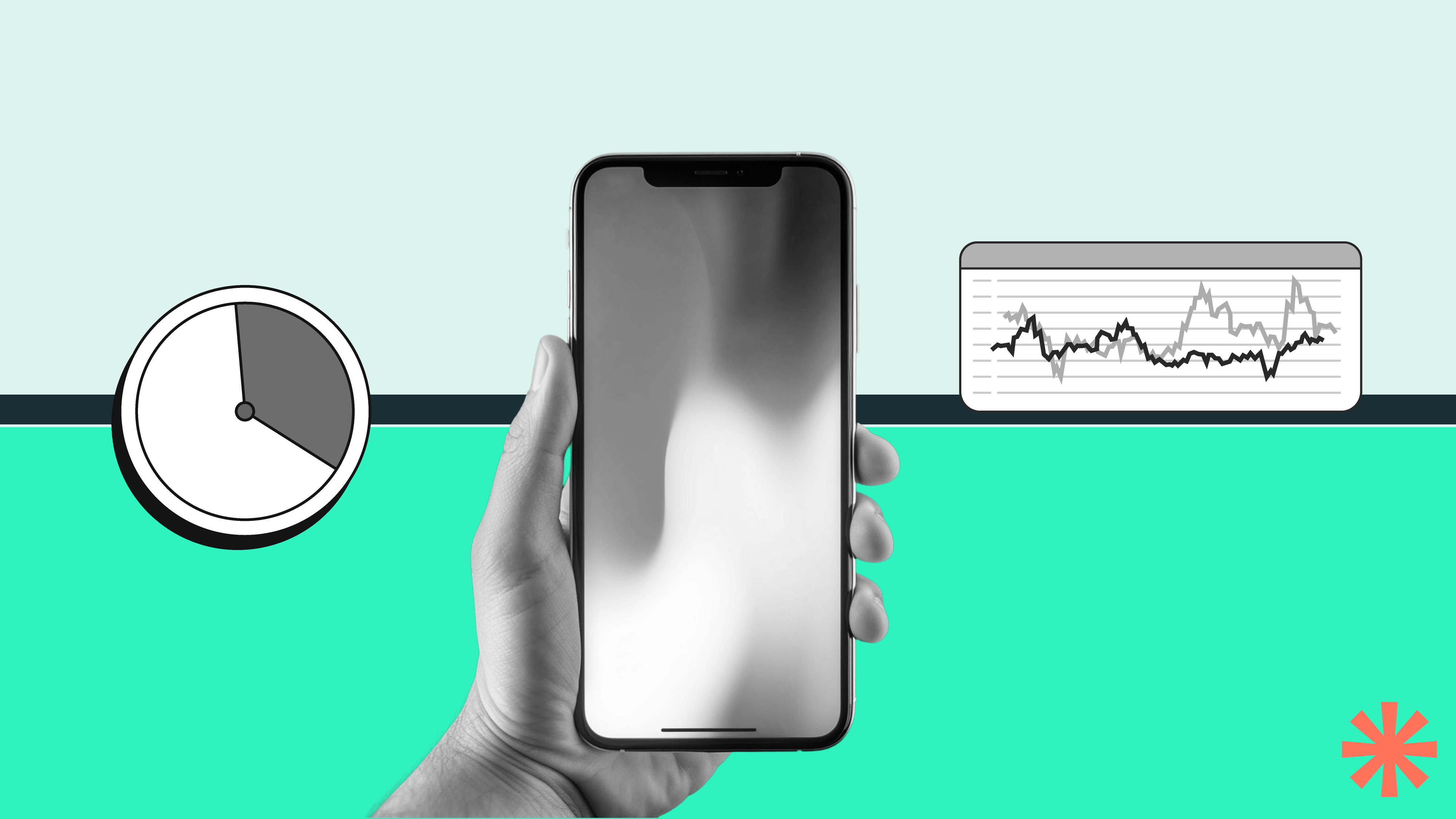 A person holds up a phone while assessing how well an app works